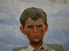 Ukrainian Soviet USSR Oil Painting impressionism child portrait country boy