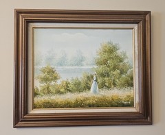 Vintage Impressionist Oil Painting-Victorian Woman In Blue Dress By The Lake
