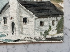 VINTAGE SIGNED WATERCOLOR PAINTING CHURCH BUILDING DREW EVENSEN EVENSON