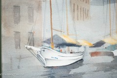 Vintage Robert Cummins Painting of Sailboats in European City Harbor 28 x 22″