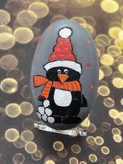 Penguin with Snowballs Wearing Winter Scarf and Hat, Painted Rock, Stone Artwork
