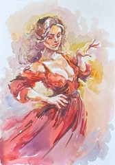 Hand made, Watercolor Drawing, Elegant Woman, Flamenco dance, 11 2/3 x 8 inches