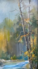 Oil painting Stream forest Ukrainian painter Canvas Framed original landscape