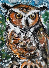 ORIGINAL ACEO PAINTING Great Horned OWL Winter BIRD Snow Animal Nature ATC ART