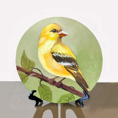 Original Oil Painting Bird Art on Round Wood Panel Miniature Nature Decor