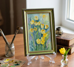 Yellow Tulips Original Oil Painting 6×4 Framed Signed Floral Spring Flowers Art