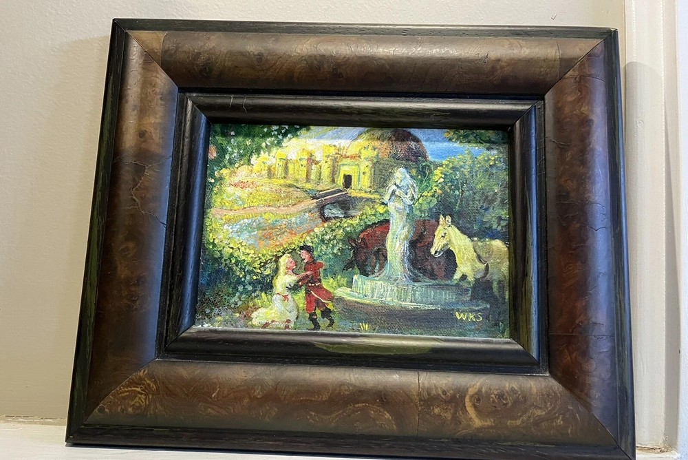 OOAK Couple Engaged Painting Prince Castle 9×11” Signed Vintage Fountain