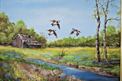 Texas Hill Country Oil Painting Landscape River Ducks Birds Cabin Creek Vintage