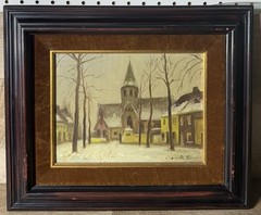 Early VTG European Impressionist Oil On Board Church Scene Louis De Saeger