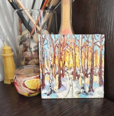 Original Oil Painting Landscape Original Art Winter Forest Sunset Artwork 6x6in