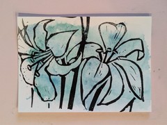 aceo original art, Print, linocut, watercolor ,floral, lily block print