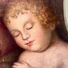 Antique Sassoferrato Madonna Sleeping Child Oil Board Painting Large Gilt Frame