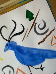 Original Bold Abstract Acrylic Painting „Mythic Blue Bird“ Signed Paper 11×14