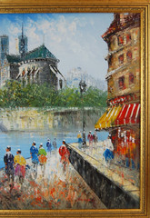 Vtg 80’s Framed Signed Burnett Oil Painting „Paris Cityscape Seine Scene“ 24X20