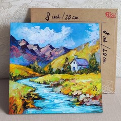 original oil painting Irish Cottage Mountain Landscape River wall art 8*8 inch