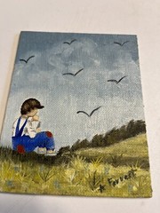 2 Miniature Hand Painted Canvas Pictures Barn Child Sitting In Field Ann Forrest