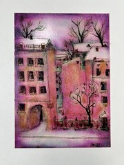 Alexander Trineev Mixed Media Painting Pink Buildings in Winter Landscape