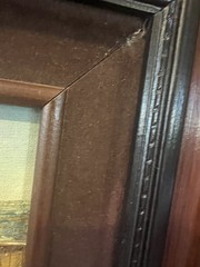 Markey Signed Oil Painting Fishing Boats at Dock Mid Century Black & Brown Frame
