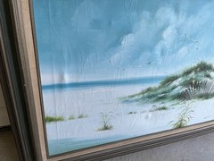 Vtg Coastal Landscape Oil Painting Beach Waves Dunes Seagulls Signed Framed