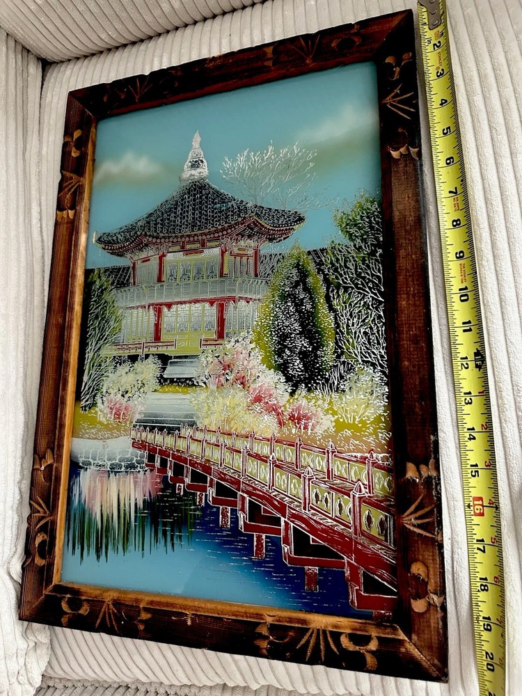 Vtg Asian Reverse Foil Painting On Glass Carved Wood Frame Tinsel Painting