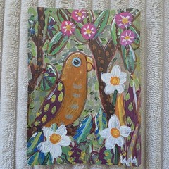 ORIGINAL ACEO Folk Art Painting Tropical Jungle Parrot Bird Landscape Flower