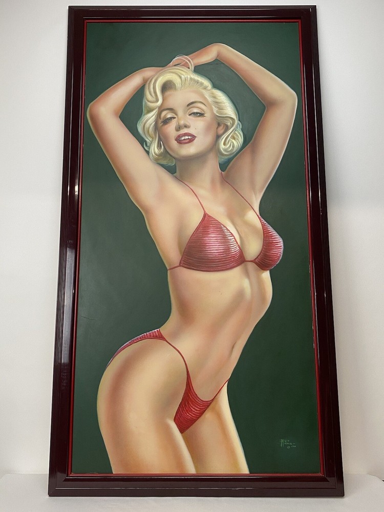 24”x48” Marilyn Monroe In Red Bikini Painting Framed & Signed Man Cave Bar Decor