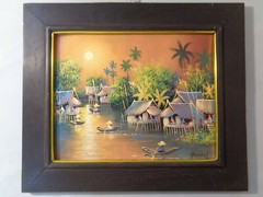 Prasarn Acrylic Art Signed and painted on wood, Tropical village, 8×10 in 13×11