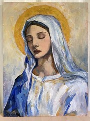 Virgin Mary painting , Acrylic on canvas panel , 12”x9”
