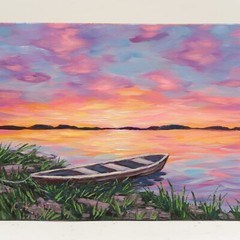 Sunset Lake Boat Painting Oil Original Canoe Painting Evening Sky Scenery Wall