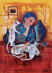 Acryluc on cardboard MABEL TEY cuban art 50x35cm T: „Cat Time“