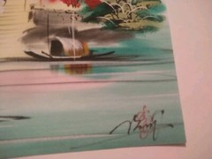 Asian Temple Painting On Fabric, Mounted And Signed 18 X 14 Inches