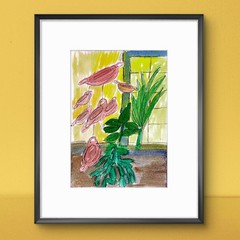 Calderas Pequeñas campanillas de viento en la ventana Original 5×7 Watercolor