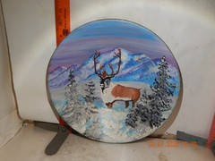 Painting on Gold Pan – Caribou or Reindeer in a winter scene-Signed C. Barron (?
