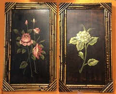 Retro Pair Mid Cent. TIKI BOHO Floral Oil Paintings Wood W/Bamboo Frames 12×20”