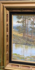 Massive 1970s Mountain Landscape Acrylic Painting Couch Size Gold Wood Framed