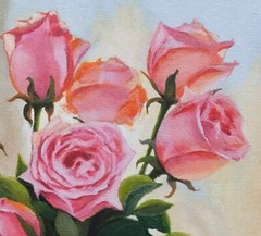 Pink roses bouquet in a glass vase, hand painted small painting, gift idea