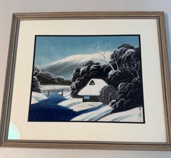 Japanese Silk Painting Framed Snowy Landscape Watermill River Signed Vintage Art