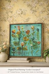 Original Floral Painting “Wild Grace in Bloom” – 23” Framed Canvas, Turquoise…