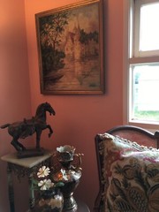 ANTIQUE OIL PAINTING LISTED ROY DEETS CASTLE LANDSCAPE GOLD FRAME 25.5″ X 28.5″