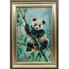 Panda Original Oil Painting 4×6 Framed Signed Cute Bear Bamboo Forest Wall Art