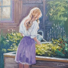 Sean Wu original oil painting, 12×12 on stretched canvas，girl in the garden