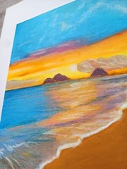 Seascape Painting Tropical Seaside Sunset Beach Original Oil Pastel 8х11″