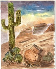 Desert Landscape Impasto 20×16″ Cactus Art Indigenous Southwest Navajo Vase Sun