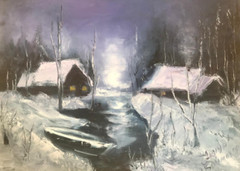 Oil Painting Canvas Artwork Night Lake Boat Moon Hanmade
