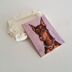 ACEO Original Painting Dogs Doberman Pet Portrait Animal Gouache Modern Artwork