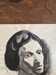 1930s Watercolor Woman Portrait On Paper 9 x 10 Monochrome Blacks Grays
