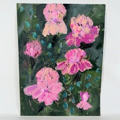 Original Abstract Art Painting on Paper Pink Peonies Peony Field Green 9”x12” B