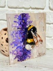 Original Painting Bumblebee Honey Bee Impasto Flower Oil Painting Signed Art