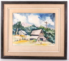 Antique Country Landscape Watercolor Signed Kathy Mann