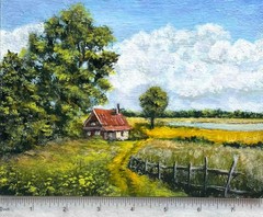 Summer ORIGINAL OIL PAINTING Rural Landscape House Field Flowers ART 6 x 8 in